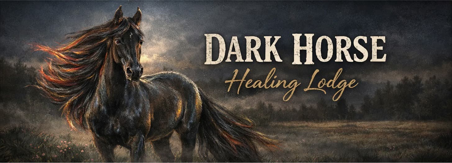 Dark horse running in an open field at dusk with the Dark Horse Healing Lodge title